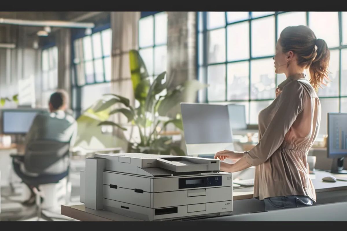 Corporate office with businesswoman standing next to traditional fax machine being replaced with cloud fax API