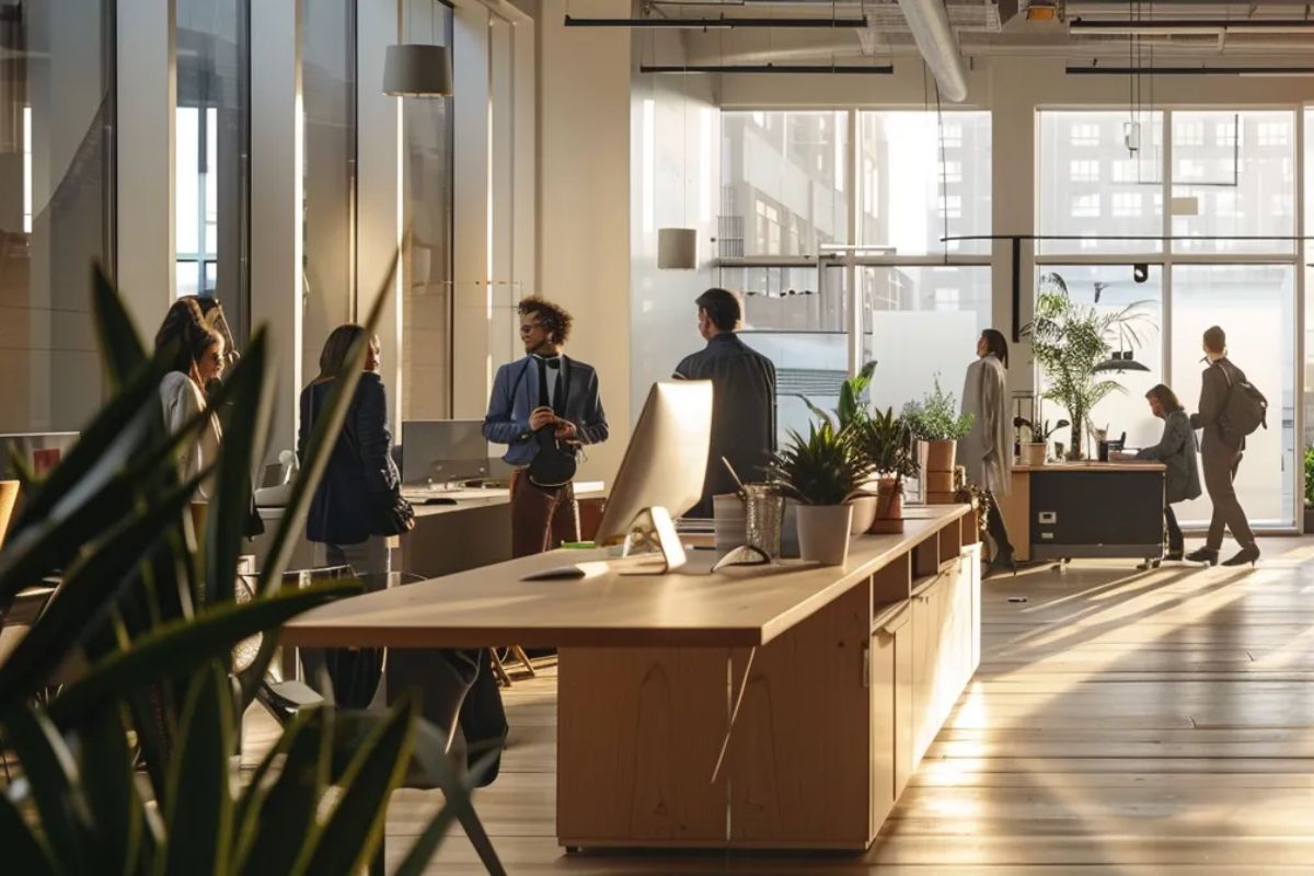 Corporate office with businesswoman standing next to traditional fax machine being replaced with cloud fax API